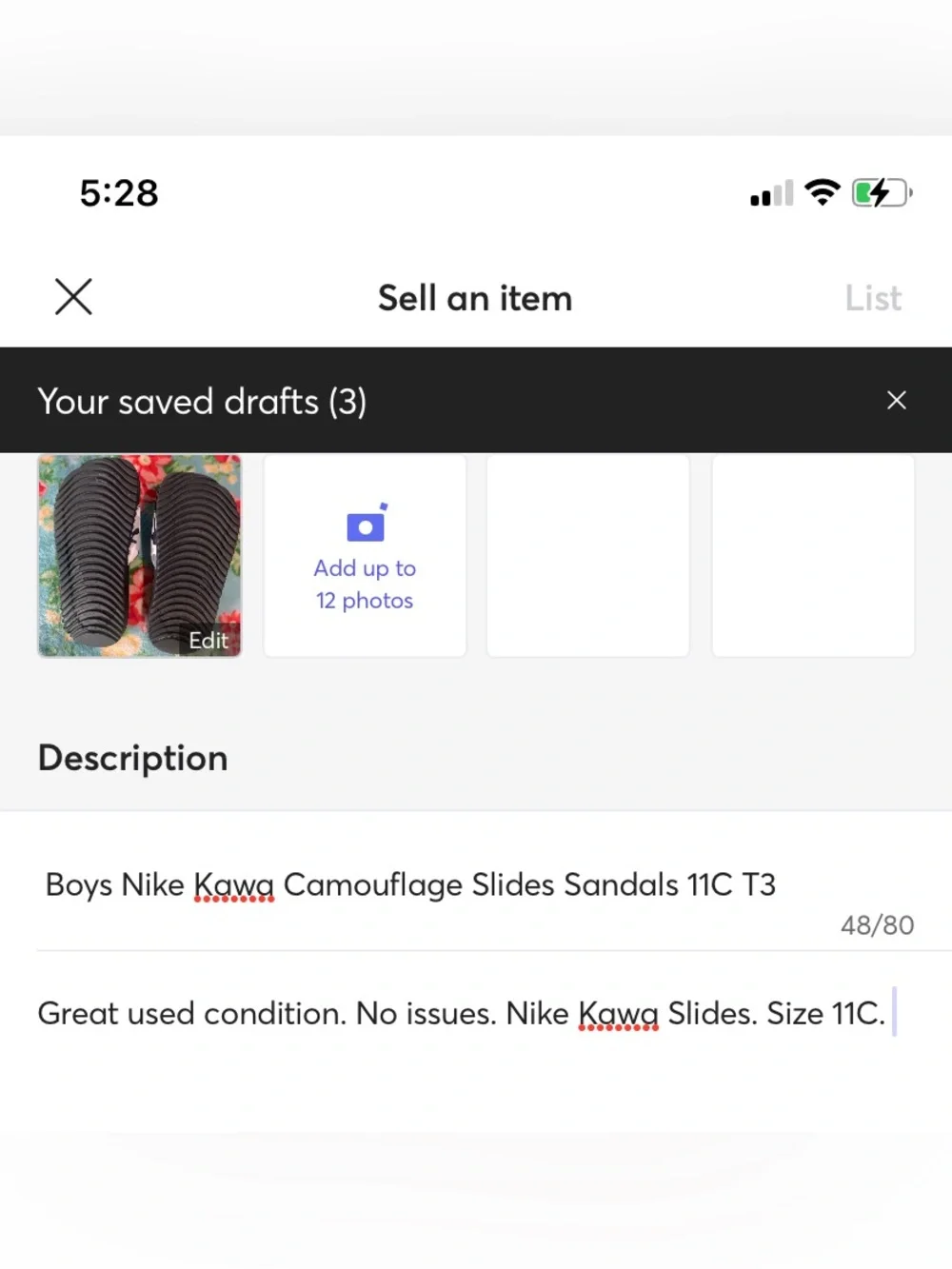 Boys Nike Kawa Slides Sandals 11C T3